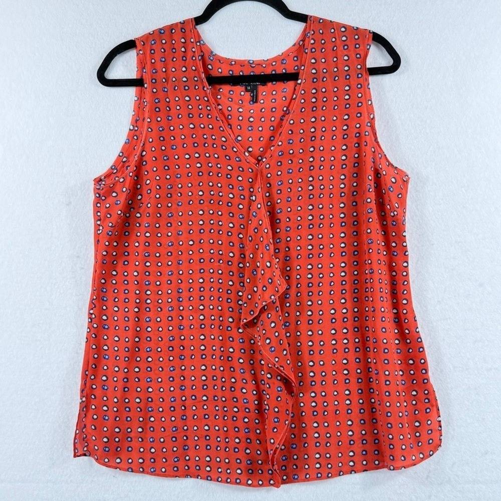 Nic+Zoe Silk Ruffle Blouse Womens Medium Orange Blue Dot Print Preppy Boho Top
